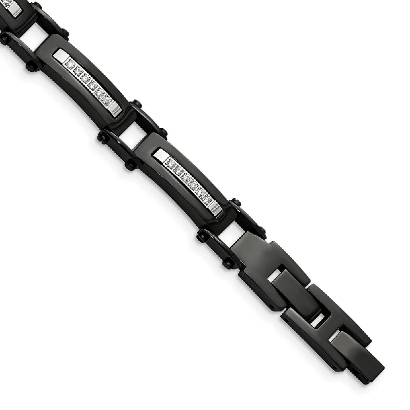 8mm Black Plated Stainless Steel & CZ Link Bracelet 8.25 In Adjustable