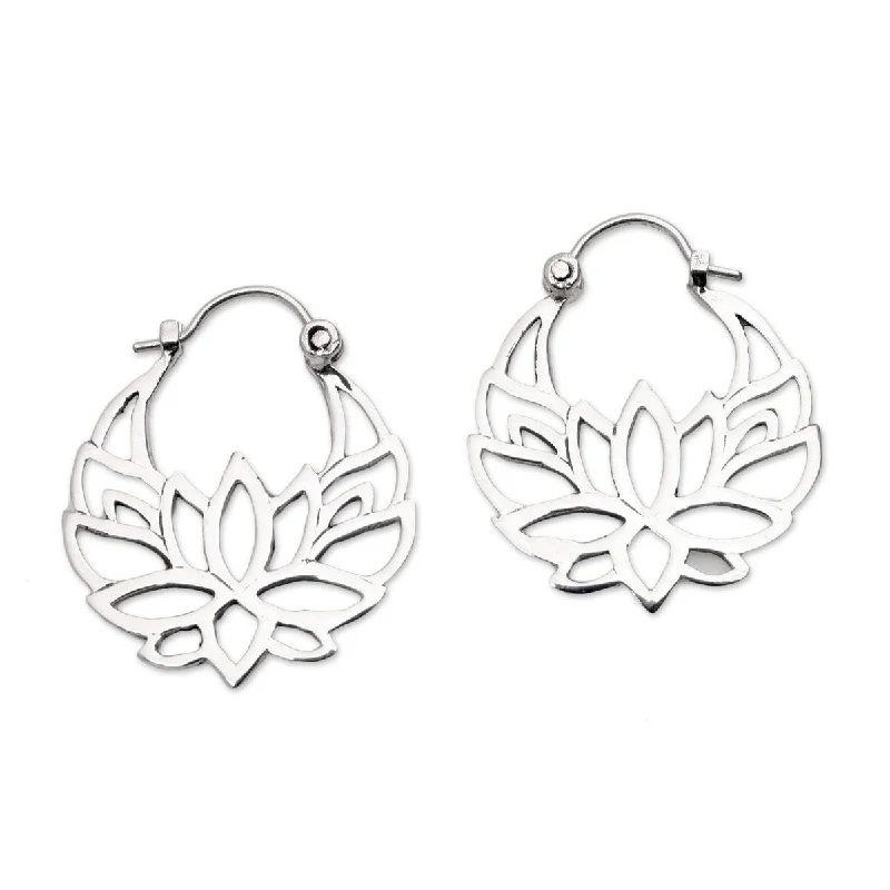 NOVICA Elegant Padma, Sterling silver hoop earrings (1 inch) - 1.1L*0.1W