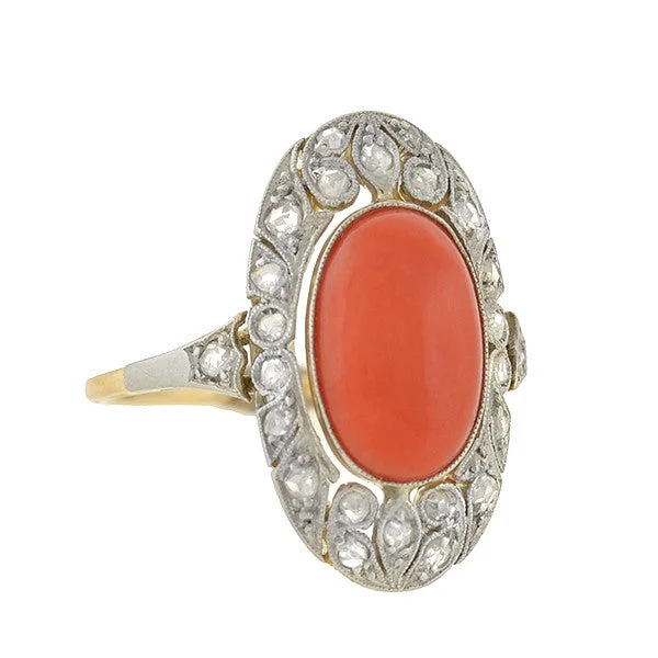 Edwardian 14kt/Platinum Coral & Diamond Filigree Ring