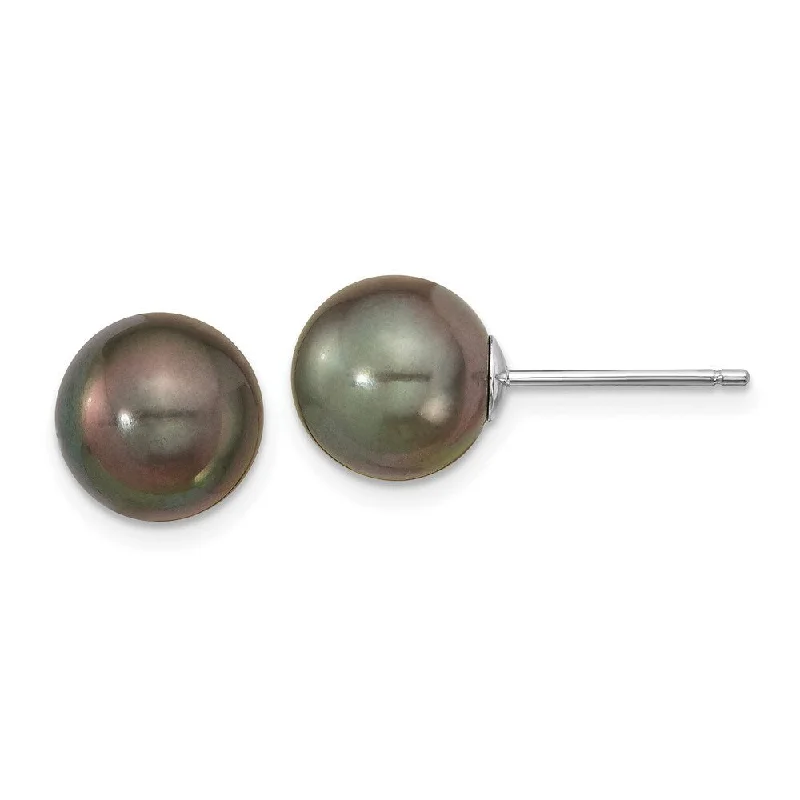 14k White Gold Saltwater Cultured Tahitian Pearl Stud Earrings (L-9 mm, W-10 mm)