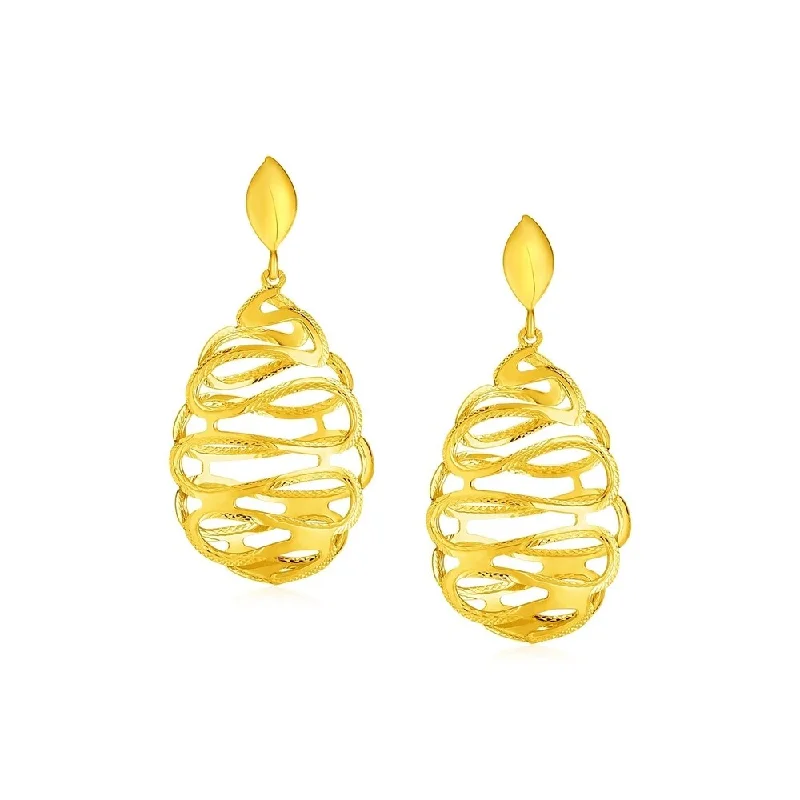 14k Yellow Gold Post Earrings with Textured Wire Spiral Dangles