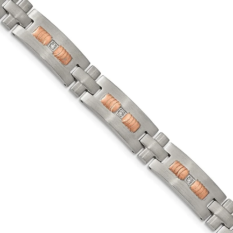 11mm Stainless Steel & CZ Brushed & Rose Plated Link Bracelet, 8.5 In