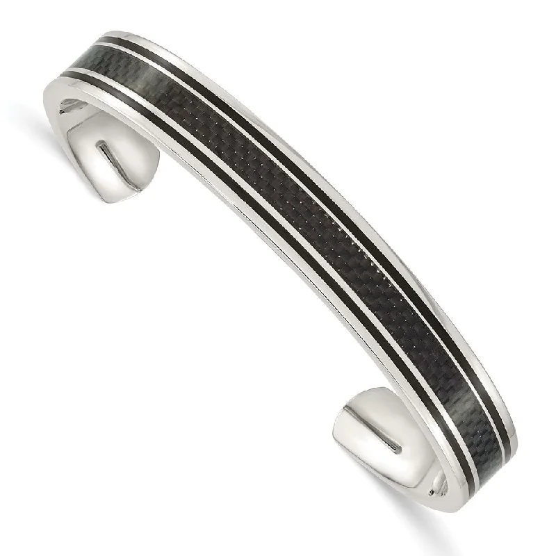 Men's 10mm Stainless Steel, Black Plated & Carbon Fiber Cuff Bracelet