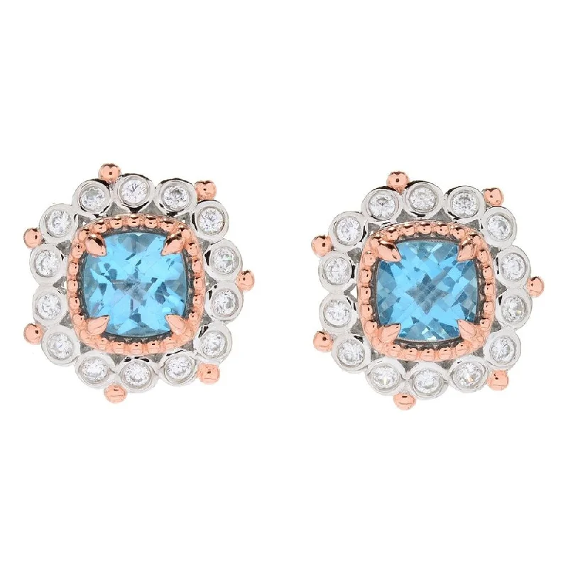 Sterling Silver 6.20ctw Swiss Blue Topaz & Gemstone Halo Stud Earrings