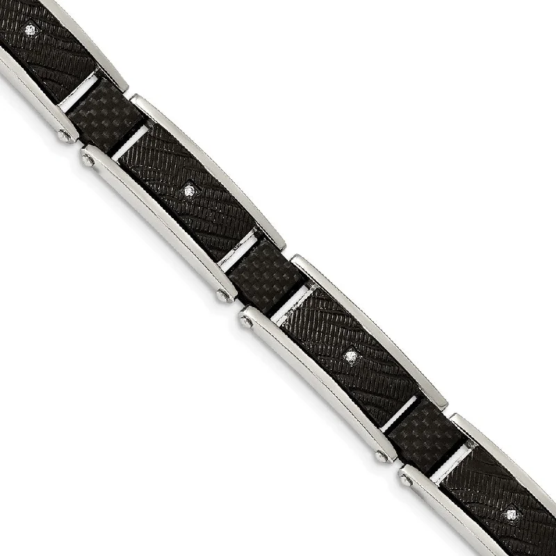 11mm Two-Tone Stainless Steel, CZ, Blk Carbon Fiber Bracelet, 8.75 In