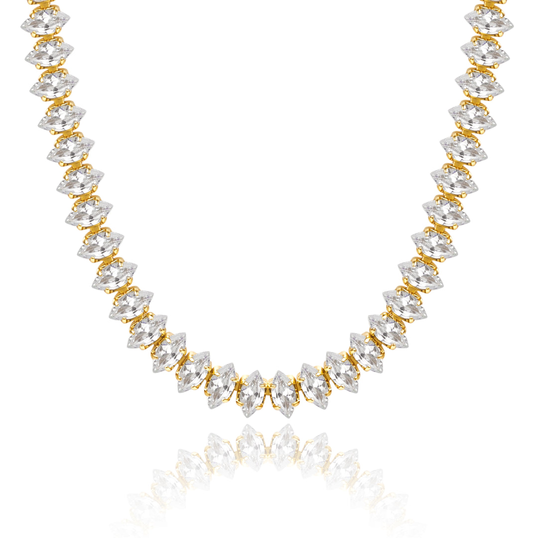 14K Gold Diamond Tennis Necklace CZ Baguette Tennis Chain- Oval CZ