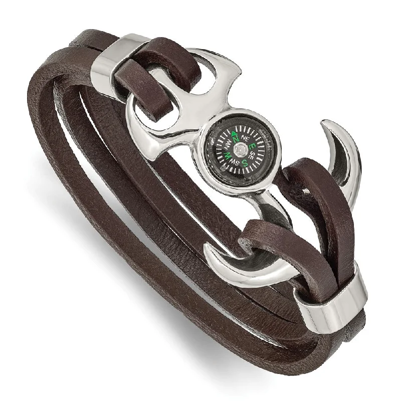 Stainless Steel Brown Leather Functional Compass Bracelet, 8.5 Inch