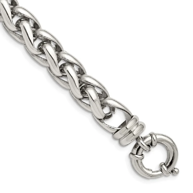 Men's 12mm Stainless Steel Polished Fancy Spiga Chain Bracelet, 8 Inch