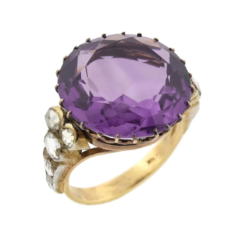 Edwardian 14kt Large 14ct Amethyst + Diamond Ring