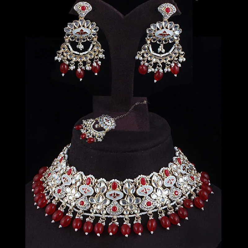 Rudraksh Art Gold Plated Kundan Stone And Beads Meenakari Choker Necklace Set