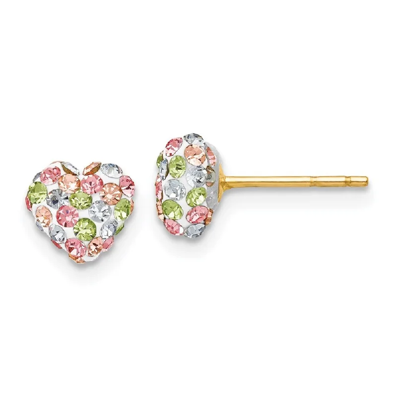 14k Yellow Gold Heart Stud Earrings Pastel Multi-colored Crystal (L-6 mm, W-6 mm)