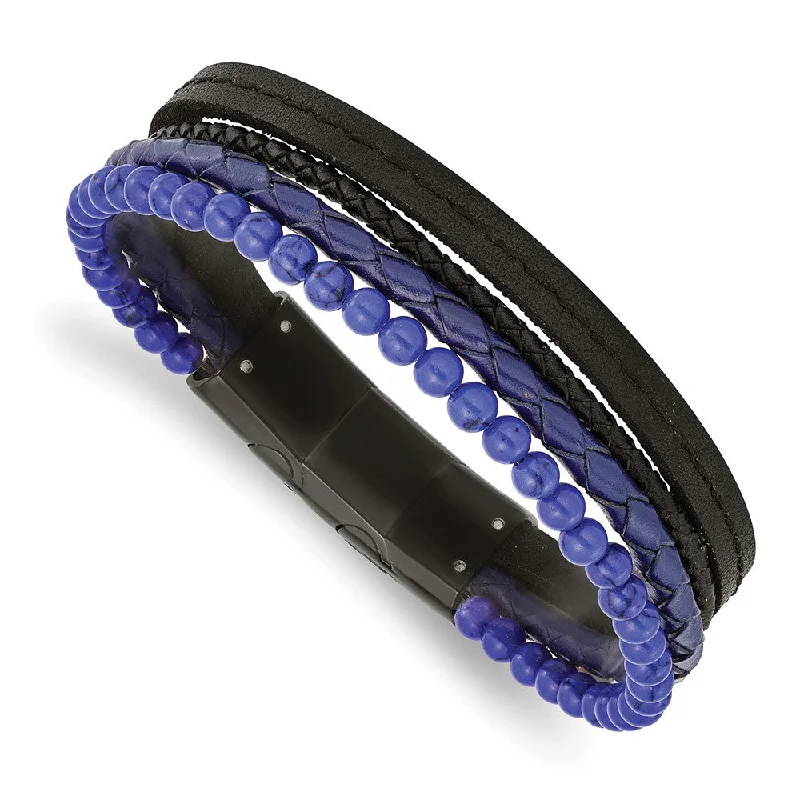 Black Plated Stainless Steel, Lapis, Leather Strand Bracelet, 7.5-8 In