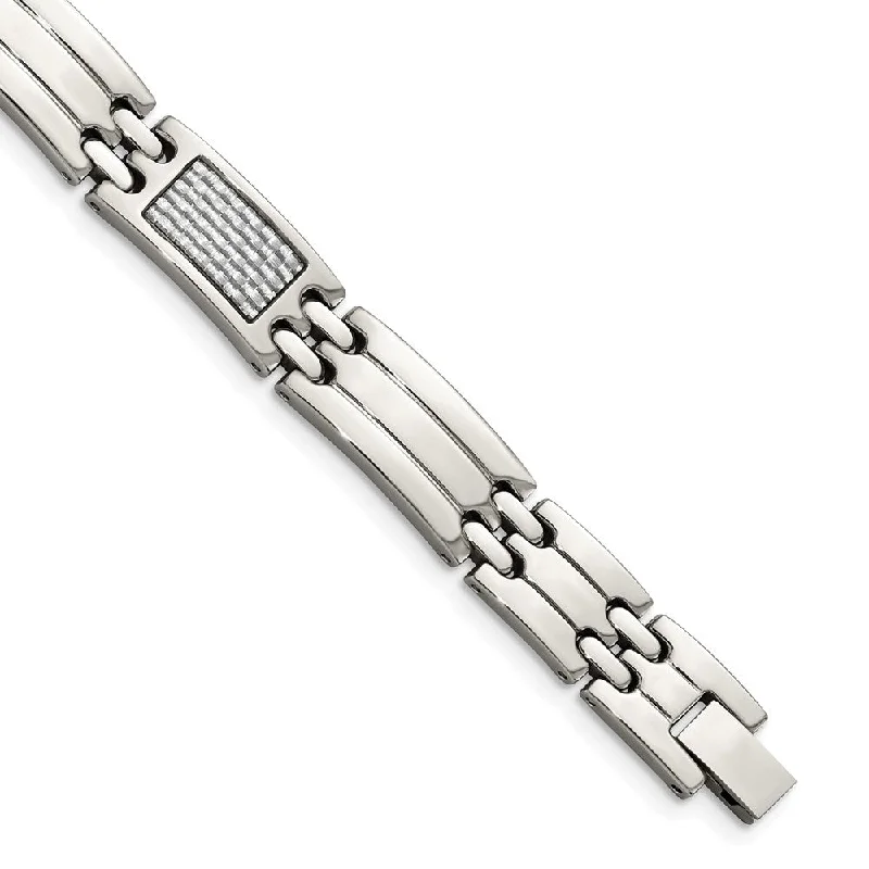 Men's 10mm Stainless Steel & Gray Carbon Fiber Link Bracelet, 8.5 Inch