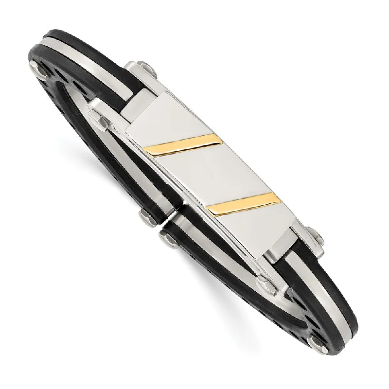 Men's Stainless Steel, Black PVC & 14k Gold Inlay ID Cuff Bracelet