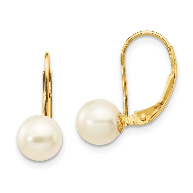 14k Yellow Gold 6-7mm Pearl Lever back Earrings (L-19 mm, W-6.5 mm)