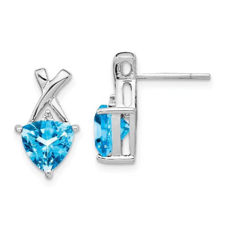 14k White Gold Blue Gemstone and White Gemstone Trillion Earrings (L-13 mm, W-9 mm)