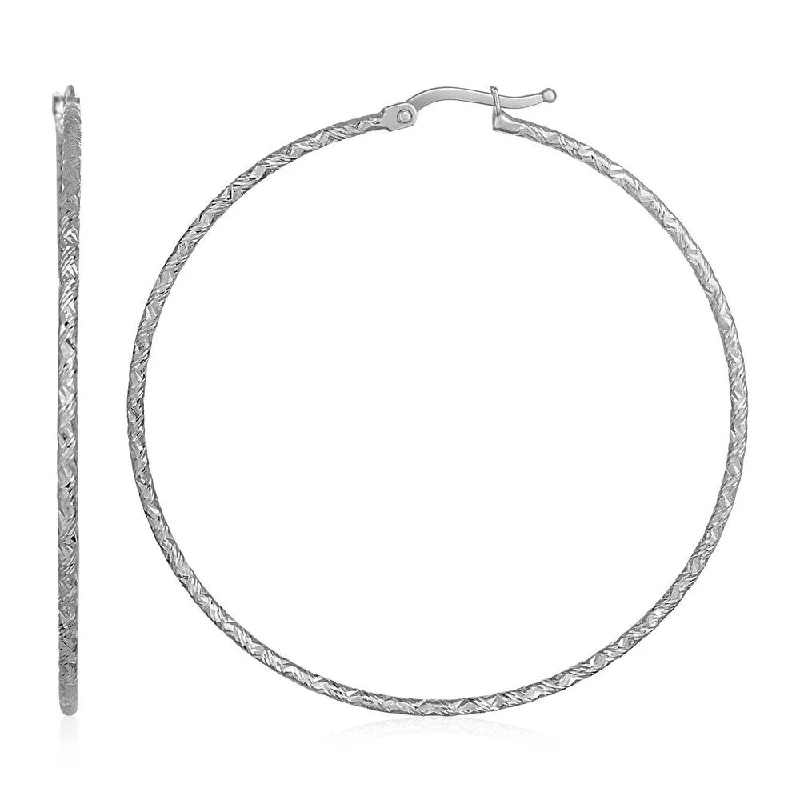 14k White Gold Large Textured Hoop Earrings (50mm Diameter) (1.5mm)