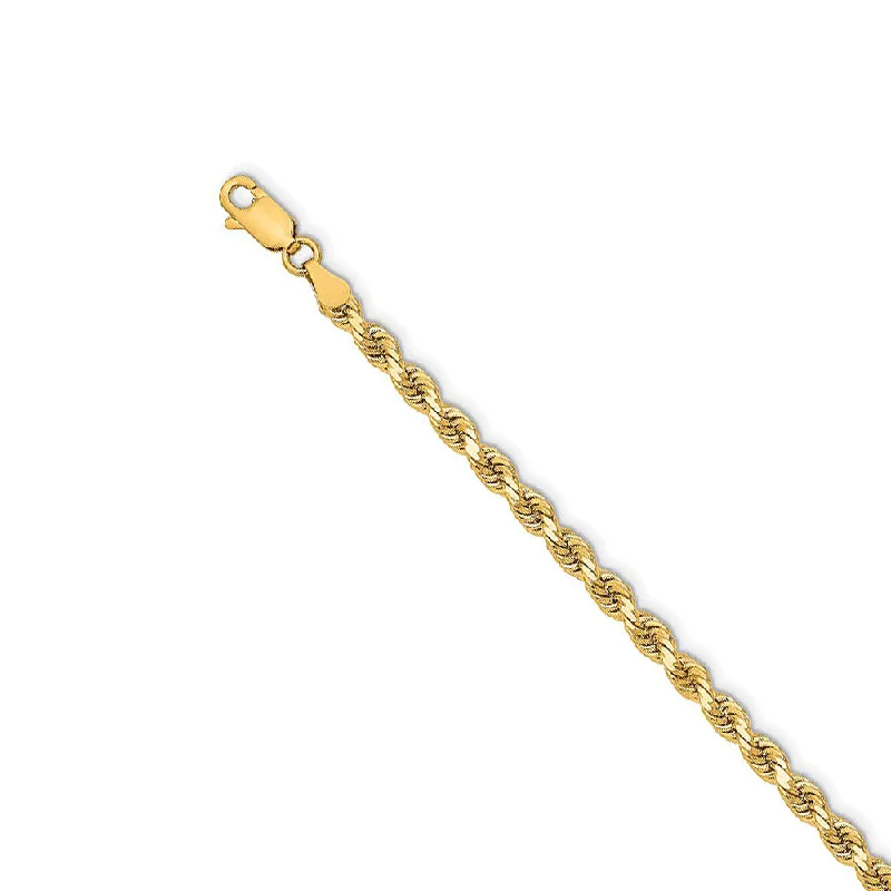 3.25mm 14k Yellow Gold, Solid Diamond Cut Rope Chain Bracelet