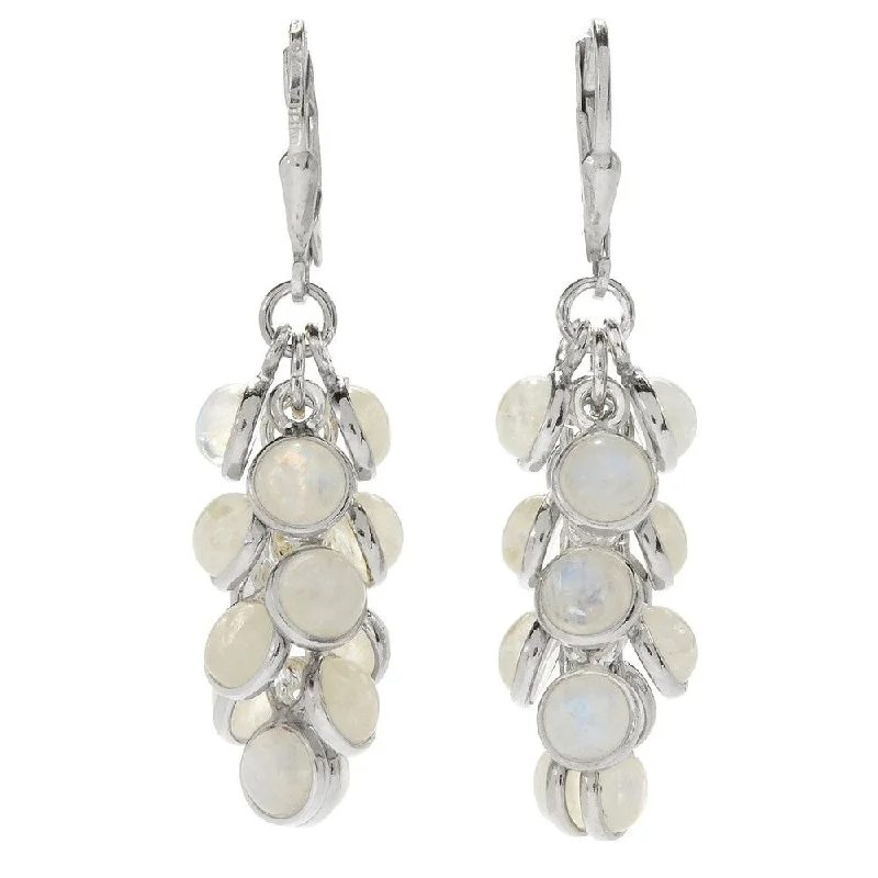 Sterling Silver 1.75" Round White Moonstone Cluster Drop Earrings