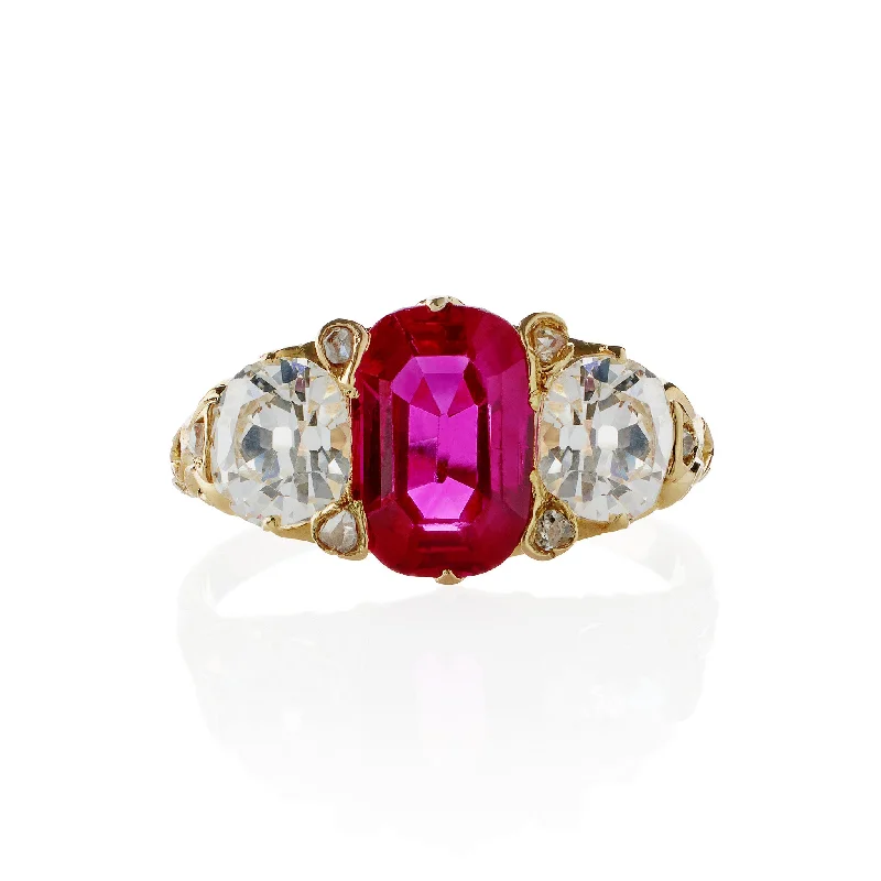 Burmese Natural No Heat Ruby and Old Mine-cut Diamond Ring