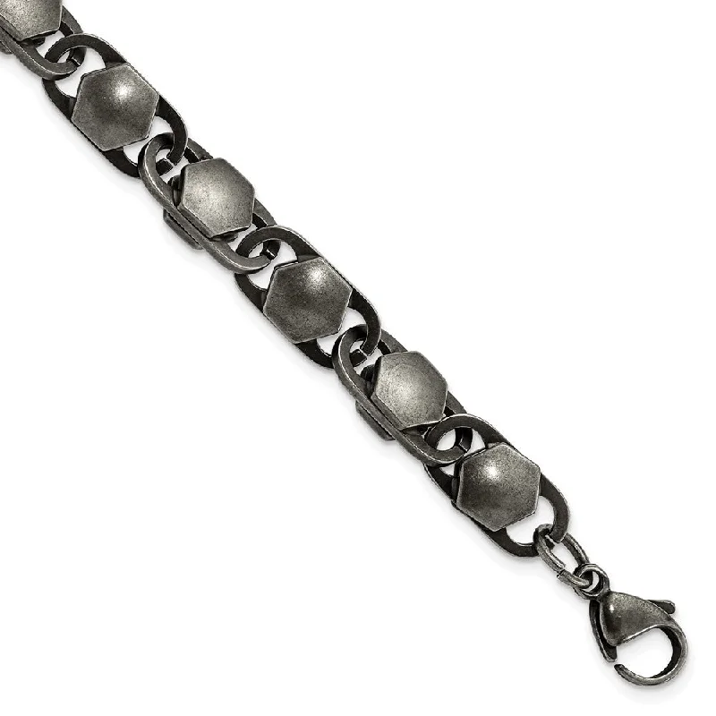 8.5mm Stainless Steel Antiqued Fancy Cable Chain Bracelet, 8.25 Inch