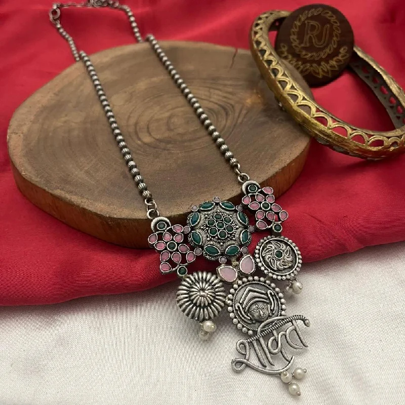 FS Collection Oxidised Plated Pota Stone And Temple Long Necklace Set