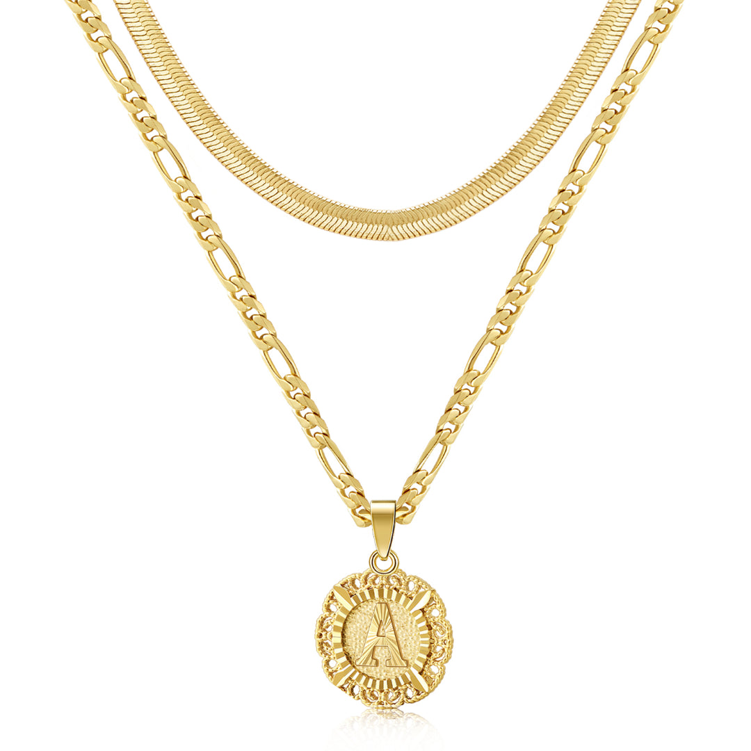 14K Gold Plated Dainty Layering Round Initial Letter Pendant Necklaces With Figaro Snake Chain