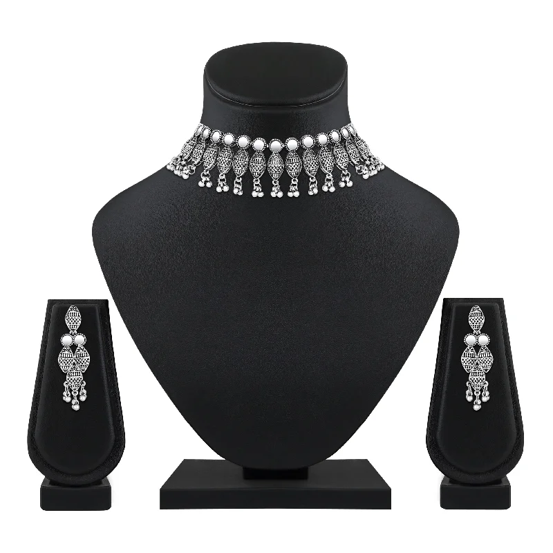 Bhavi Jewels Oxidised Plated Mirror Choker Necklace Set