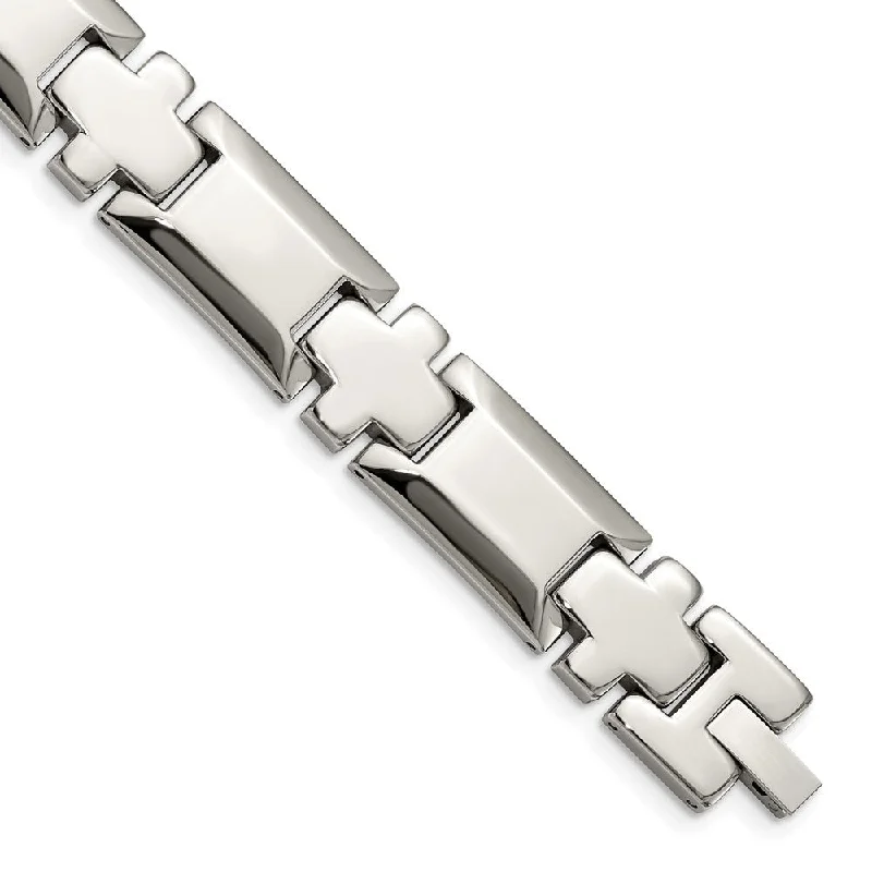 14mm Stainless Steel Polished Beveled & Cross Link Bracelet, 8.5 Inch