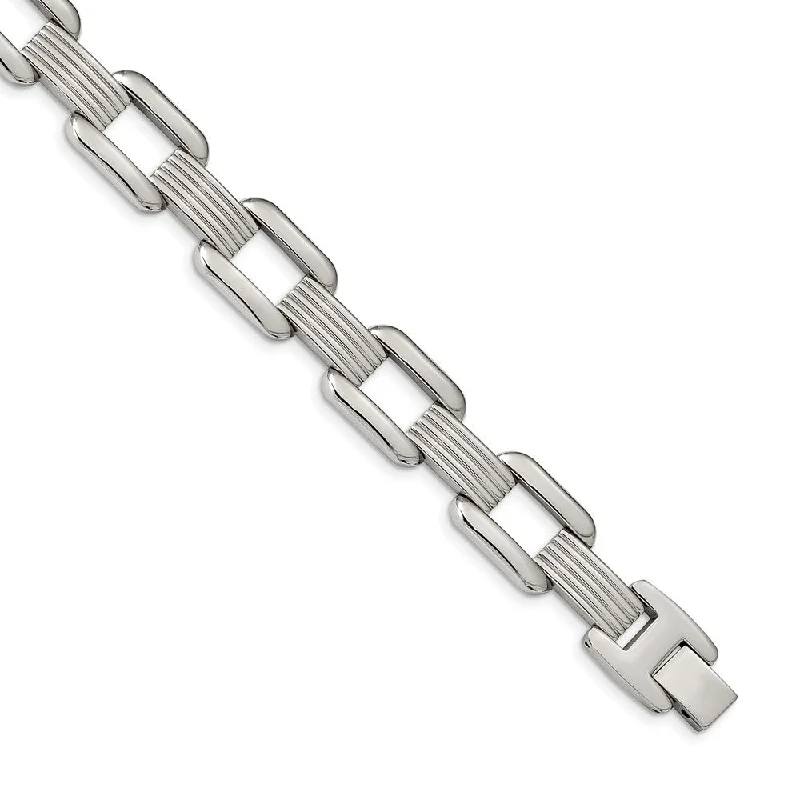 Men's 14mm Stainless Steel Open and Grooved Link Bracelet, 8.5 Inch