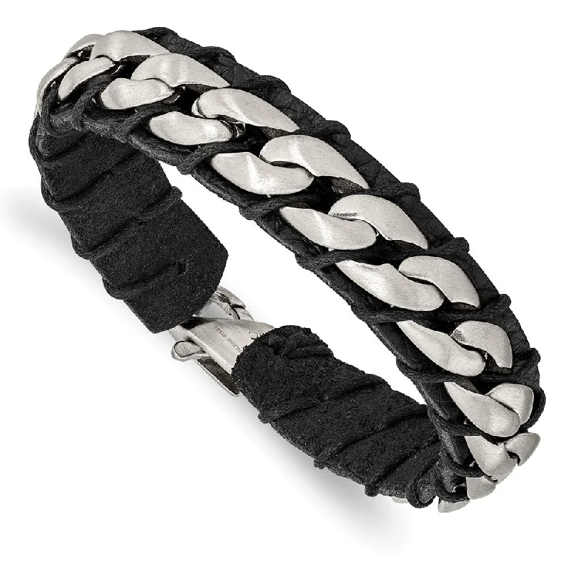 15mm Stainless Steel & Black Leather Brushed Curb Bracelet, 8.5 Inch