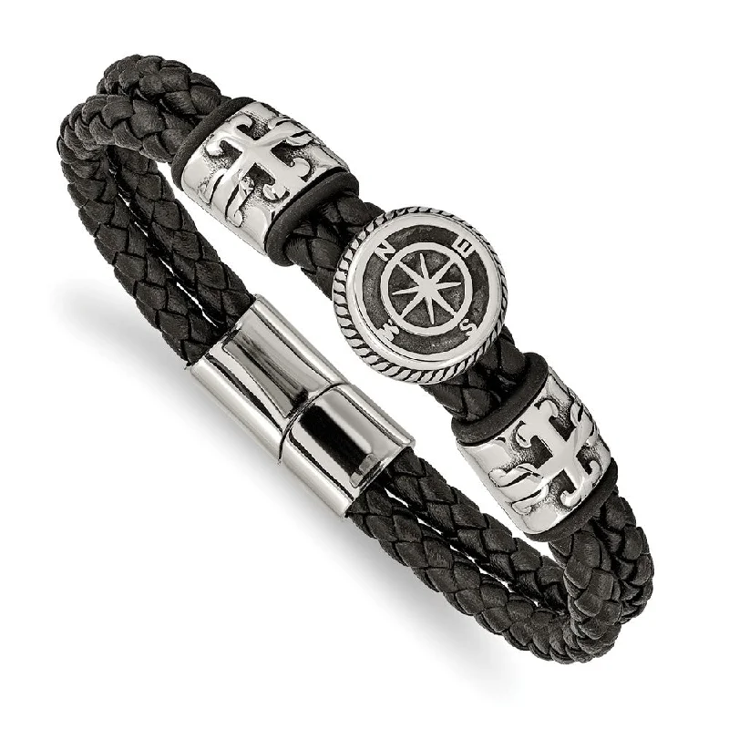 Stainless Steel & Black Leather Antiqued Compass Bracelet, 8.25 Inch